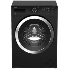 a black and silver washing machine on a white background