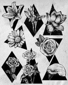 black and white drawing of flowers with geometric shapes