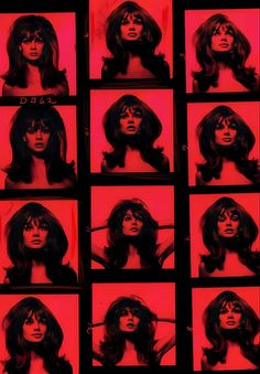 many different images of the same woman with long hair and bangs, all in black and red