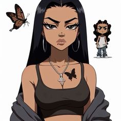 an animated image of a woman with black hair and butterfly on her chest, standing next to a cartoon character