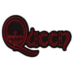 the word queen with a crown on it is embroidered onto a black and red patch