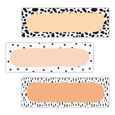 three different animal print labels with dots and spots on the bottom, one in black and white