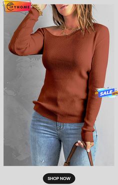 Brown Knit One Shoulder Long Sleeve Pullover Top Ribbed Solid Sweater For Fall, Solid Ribbed Sweater For Fall, Non-stretch Knit Sweater In Solid Color, Solid Knit Tops For Fall, Brown Crew Neck Sweater In Solid Color, Brown Solid Color Crew Neck Sweater, Non-stretch Knit Sweater, Solid Non-stretch Knit Sweater, Brown Crew Neck Sweater