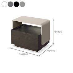 the side table is shown with measurements for each item and features an open drawer on one side