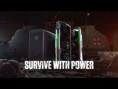 three computer towers with the words survive with power in front of them, and an image of