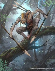 an image of a man on a tree branch with two arrows in his hand and holding onto