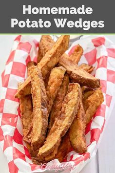 homemade potato wedges in a red and white checkered basket with text overlay