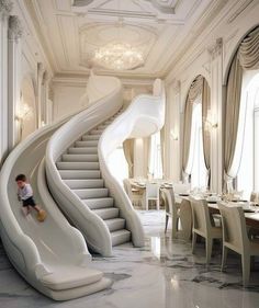 a child is playing on a slide in the middle of a room with tables and chairs