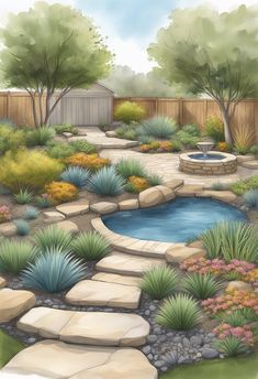 a painting of a backyard with a pool and landscaping