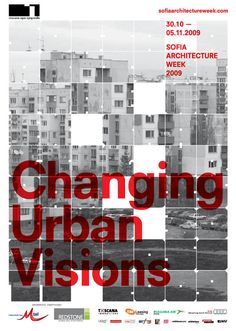 a poster with the words changing urban vision in red and black on it's side