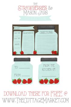 the strawberries and mason jars collection jar labels are shown in three different sizes, with text