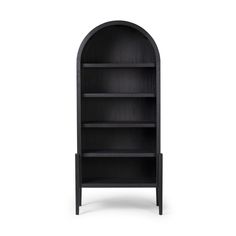 a black bookcase with an arch shaped shelf on the top and bottom, against a white background