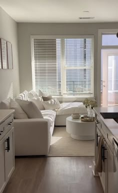 a living room filled with furniture next to a kitchen