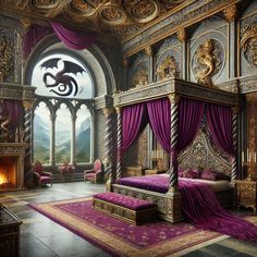 an ornate bedroom with purple drapes and curtains