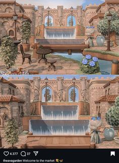 two pictures of the same building with water and flowers on it, one has a fountain