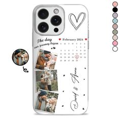 an iphone case with two photos and the date for each photo, on top of it