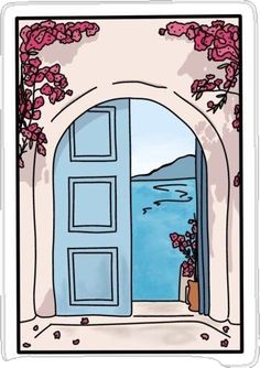 an open blue door with pink flowers on the outside and water in the back ground