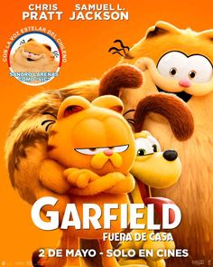 garfield the cat and other cartoon characters in front of an orange background with text that reads garfield