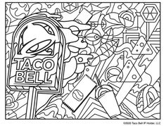 the taco bell coloring page is shown in black and white, with lots of other items