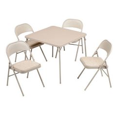 a set of four chairs and a table with one chair up against the other, on a white background