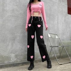 【Material】: Polyester" 【Type】: Heart, Butterfly" 【Size】: S, M, L" FREE SHIPPING WORLDWIDE! Vintage Retro Aesthetic Outfits, Outfits Vintage Retro, Printed Pants Style, Skater Jeans, Outfits Y2k, Y2k Aesthetic Outfits, Streetwear Summer, Y2k Outfits, Outfits Winter