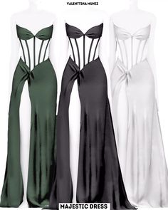 three dresses are shown in different colors and sizes, one is black, the other is white