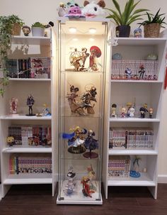 a tall glass case filled with lots of figurines on top of bookshelves