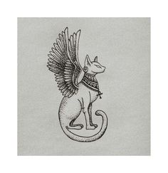 a black and white drawing of a cat with wings