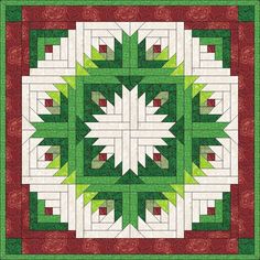 a green and white quilted design on a red table cloth with leaves in the center