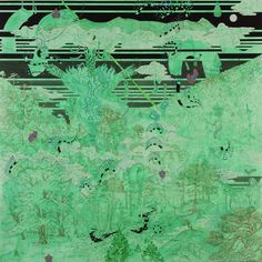 an abstract painting with green and black lines on the bottom, trees in the background