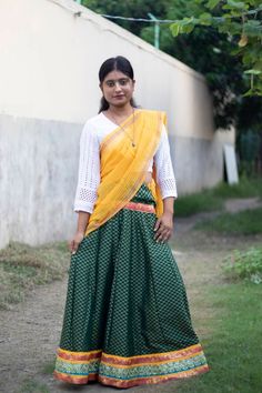 100% pure cotton Drak green Gopi dress.  Brocade design on the skirt body and Jori design on skirt border. With matching blouse piece and dupatta.   Ghagra has another separate layer of soft comfortable cotton fabric. With Strong stiches. Wash gently, use soft detergents. Color won't fade. Made with good quality cotton, won't tear easily,  Skirt length- 39 Inches Waist- 40 inches (max) & adjustable   Gher size- 195 inches. Gopi Dress, Dress With Dupatta, Blouse Piece, Dress Clothes For Women, Skirt Length, Beautiful Outfits, Pure Cotton, Dark Green, Cotton Fabric