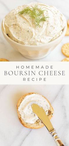 a bowl filled with cream cheese next to crackers on a white marble counter top