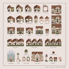 a cross stitch pattern showing different types of houses and their corresponding windows, including the front door