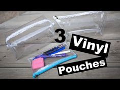 three different types of pens and pencils in clear bags with the words vinyl pouches