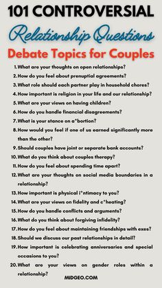 Discover 101 controversial relationship questions and debate topics for couples to spark deep, meaningful conversations. From love and trust to finances and future plans, these prompts will help you explore and strengthen your relationship. Here you will find controversial relationship debate topics, controversial relationship questions, controversial relationship questions funny, controversial relationship questions to ask a girl, controversial relationship questions to ask a guy, controversial relationship questions to ask friends, debate topics for couples, hot relationship topics to discuss, relationship debate topics for adults. Questions To Ask About Relationships, Debate Topics For Adults, Debate Topics For Couples, Couple Topics, Topics For Couples, Debate Ideas, Questions To Ask Friends, Controversial Questions, Processional Order