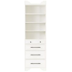 a tall white bookcase with three drawers