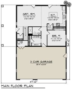 the first floor plan for a two story house with an attached garage and living quarters