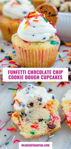 One photo with a head-on view of a funfetti chocolate chip cookie dough cupcake and one with a cupcake cut in half to show cookie dough with recipe title in between Cupcakes With Chocolate Chips, Funfetti Sprinkles, Cupcakes Stuffed, Chocolate Chip Cookie Dough Cupcakes, Chocolate Chip Frosting, Drink Board, Indulgent Recipes, Cookie Dough Cupcakes