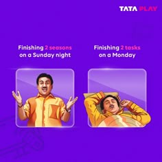 an advertisement for tata play showing two men in orange shirts, one with his hands up and