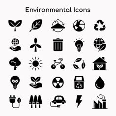 black and white icons depicting the different types of environmental items, such as plants, trees, water, wind mills, solar energy