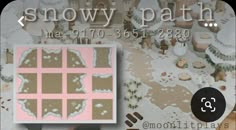 an advertisement for snowy path is shown in pink and brown colors, with images of people sitting at a table