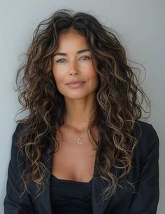 2024 Long Hairstyle Trends For Women Over 40 Curly Perm Long Hair, Long Wild Curly Hair, Long Hair 45 Year Old Women, Hairstyle For Women Over 40 Long, Long Curly Hair Middle Part, 2024 Curly Hair Trends, Chocolate Brown Curly Hair, Trending Hair Color, Enhance Natural Beauty