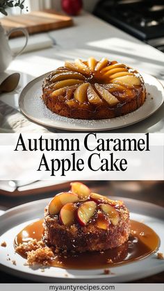 an apple cake on a plate with caramel toppings and the words autumn caramel apple cake above it