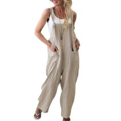 Women Loose Cotton Linen Jumpsuit Dungarees Playsuit Straps Overalls Trousers Ladies Sleeveless Baggy Pockets Long Pants Size: L.  Color: Beige.  Gender: female.  Age Group: adult. Linen Jumpsuit Outfit, Casual Playsuit, Sweat Vintage, Linen Overalls, Cotton Overalls, Overalls Outfit, Loose Jumpsuit, Jumpsuit Outfit, Long Romper