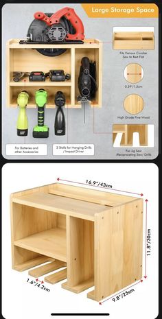 an image of a wooden shelf with tools on it and measurements for the shelves below