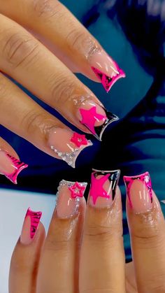 Different Color Nails Acrylic On Each Hand, Cute And Simple Birthday Nails, Non Acrylic Nail Designs, 90s Nail Inspiration, Short Square French Tip Nail Designs, Pink Friday Nicki Minaj Nails, Short Lipstick Shaped Nails, Girly Acrylic Nails French Tip, Stelltos Nails