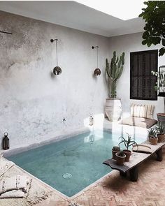 an indoor swimming pool in the middle of a room with potted plants next to it