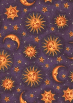 an image of the sun and moon with stars on purple background for wallpaper or fabric