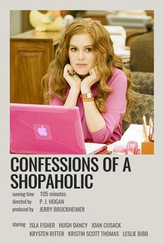 a woman sitting at a table with a laptop computer in front of her and the words, confessionss of a shopaholic