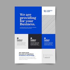 a brochure with blue and white squares on it, the words we are providing for